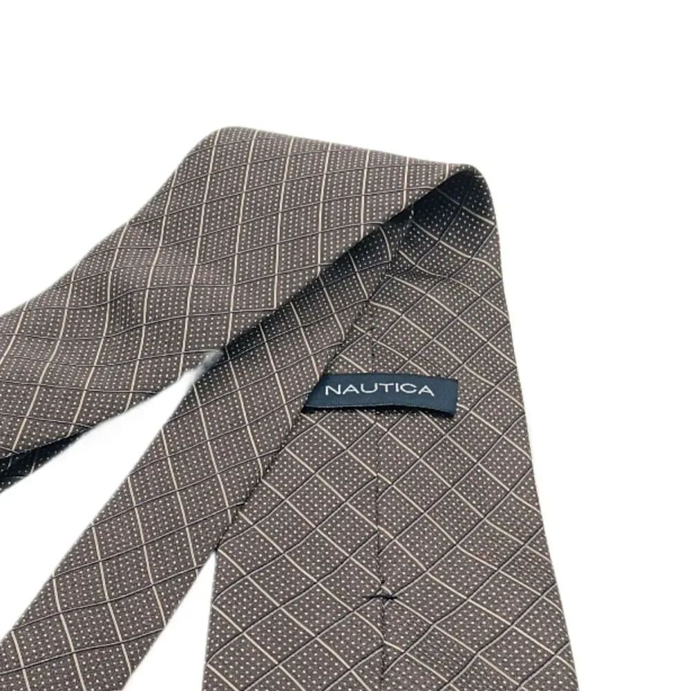 Nautica Silk Tie Mens 60” Gray Taupe Plaid Dot Designer Wide Elegant New